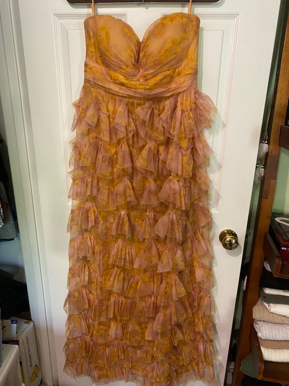 Tiered Ruffle Strapless Full Length Gown in Sunset Orange Peach